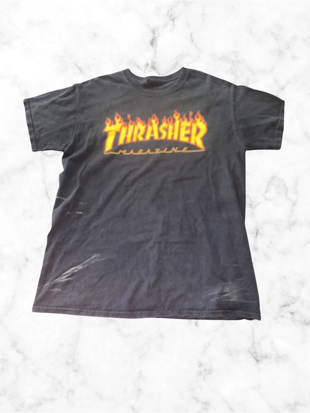 Thrasher Black Tee with Yellow-Orange Flame Logo